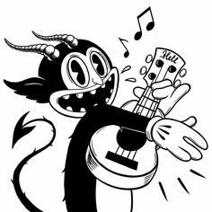 a black and white drawing of a cartoon character playing the ukulele with music notes coming out of his mouth