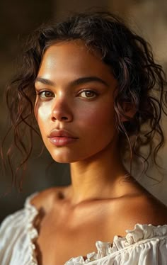 a woman with curly hair wearing a white top and looking off to the side,