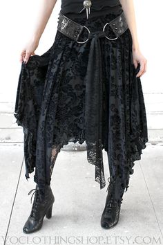 WITCHY BLACK MAGIC Sheer Stretch Velvet Burnout Skirt | Etsy Black Gothic Velvet Bottoms, Black Velvet Gothic Bottoms, Gothic Party Bottoms With Asymmetrical Hem, Gothic Bottoms With Asymmetrical Hem For Spring, Gothic Asymmetrical Hem Bottoms For Spring, Gothic Asymmetrical Skirt For Party, Gothic Ruffled Skirt, Gothic Fitted Lace Bottoms, Gothic Black Bottoms With Asymmetrical Hem