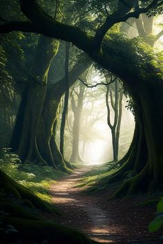 a path in the middle of a forest with lots of trees on either side of it