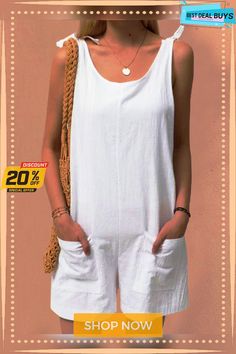 Pockets Sleeveless Casual Linen Romper Cotton Tank Top With Pockets For Summer, Sleeveless Cotton Vest For Summer, Summer Cotton Tank Top With Pockets, White Casual Sleeveless Vest, Beach Tank Top With Pockets For Spring, Casual Spring Tank Top With Pockets, Casual Tank Top With Pockets For Spring, Casual Solid Color Tank Top, Chic Tank Top With Pockets For Summer