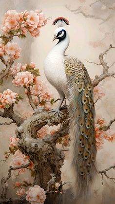 a painting of a peacock perched on a tree branch with pink flowers in the background