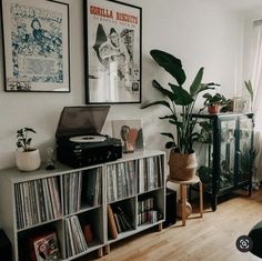 a living room with record players, plants and pictures on the wall in front of it