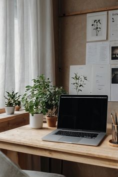 an open laptop computer sitting on top of a wooden desk next to a potted plant