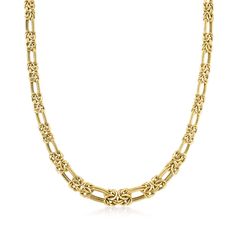 Ross-Simons - 14kt Yellow Gold Byzantine and Double-Link Necklace. 20". Two popular styles join forces in this handcrafted, textured and polished 14kt yellow gold necklace. Graduating from 1/4" to 3/8" wide, the design alternates double-oval links with Byzantine sections. Lobster clasp, 14kt yellow gold link necklace. Gold Byzantine Link Jewelry, Classic 14k Gold Necklace With Intricate Design, Gold Byzantine Jewelry With Box Chain, Classic 14k Gold Necklaces With Intricate Design, Gold Byzantine Style Jewelry With Box Chain, Gold Byzantine Box Chain Jewelry, Formal Byzantine Necklace With Intricate Design, Formal Byzantine Link Jewelry, Byzantine Style Necklace With Box Chain Links