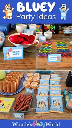 a blue party table with lots of food and decorations