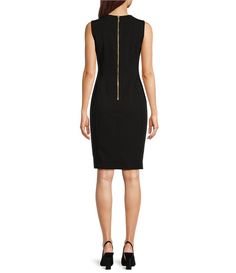 Calvin Klein Sleeveless Seam Front Scuba Crepe Crew Neck Sheath Dress | Dillard's Sleeveless Work Dress With Invisible Zipper, Formal Sleeveless Bodycon Dress With Side Zipper, Fitted Sleeveless Dress With Back Zipper For Work, Sleeveless Elastane Bodycon Dress With Back Zipper, Sleeveless Elastane Bodycon Dress For Work, Elastane Bodycon Dress With Back Zipper, Calvin Klein Stretch Sheath Bodycon Dress, Fitted Sleeveless Bodycon Dress With Zipper Closure, Fitted Sleeveless Bodycon Dress With Zipper