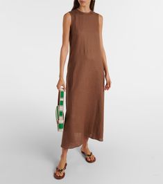 Tallin linen maxi dress in brown - Asceno | Mytheresa Brown Linen Maxi Dress For The Beach, Elegant Linen Dress With Side Slits, Linen Midi Dress With Side Slits, Linen Dress With Side Slits, Casual Brown Linen Maxi Dress, Linen Midi-length Dresses With Side Slits, Spring Linen Maxi Dress With Side Slits, Elegant Linen Maxi Dress With Side Slits, Brown Linen Dress For The Beach