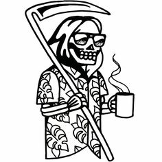 a drawing of a skeleton holding a coffee cup