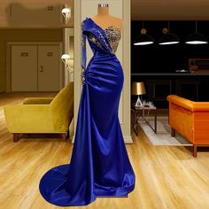 Royal Blue After Party Dress, Royal Blue Prom Dress Long Off The Shoulder, Royal Blue Dresses Long, Royal Blue Prom Dress With Sleeves, Mermaid Blue Wedding Dress, Gold And Blue Gown, Fancy Outfits Dresses Long, Royal Blue Gala Dress, Royal Blue Gowns Elegant Prom