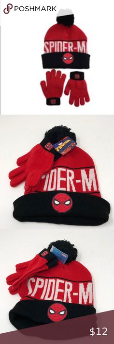 Marvel Spiderman Hat and Glove Set NWT Marvel Spider-Man Two Piece Set Cuff/Roll Top Beanie with Pom & stretch gloves Acrylic knit One size fits most  Officially licensed Marvel Marvel Accessories Hats Novelty Red Winter Hat, Red Novelty Winter Hats, Themed Black Winter Hats, Playful Red Winter Hat, Playful Black Winter Hats, Spiderman Hat, Marvel Accessories, Beanie With Pom, Roll Top