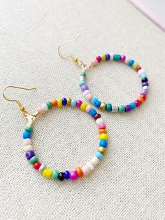 Hoop is 1.5 inches wide Gold Plated Ear Hooks Glass Seed Beads Hoop Dangle Earrings, Mask Necklace, Boho Handmade, Letter Bracelet, Colorful Rainbow, Handmade Boho, Jewelry Earrings Hoops, Cute Earrings, Seed Bead