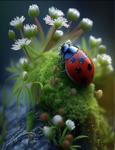 a ladybug sitting on top of a green plant