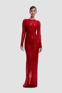 BEADED JEWEL NECK COLUMN GOWN WITH LONG SLEEVES – Naeem Khan Gown With Long Sleeves, Elegant Bridal Gown, Sequin Halter, Cute Dress Outfits, Naeem Khan, Halter Gown, Beaded Jewels, One Shoulder Gown, Column Gown