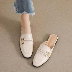 WCS3407 Women's Casual Shoes - Flat Slippers Mule with Metal Design | Touchy Style Half Slippers, Knit Sweater Outfit, Flat Slippers, Casual Leather Shoes, England Style, Flat Slipper, Soft Shoes, England Fashion