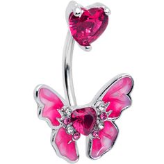 Product DetailsPink CZ Gem Butterfly Love Heart Double Mount Belly Ring Let love give you butterfly wings with this 14 gauge navel ring. It is made with a 3/8 inch 316L surgical grade stainless steel curved barbell. The top end features a pink cubic zirconia gem, shaped like a heart. The bottom end features a matching heart shaped pink cubic zirconia gem. It is flanked on either side with butterfly wings, with pink inlay. You will feel ready to fly away with this heart and butterfly themed belly piercing ring. Specifications: 14 Gauge (1.6mm), 3/8" (10mm), 316L Surgical Grade Stainless Steel Curved Barbell, Cubic Zirconia  | Belly Button Rings (Cute And Sexy) - When You're Searching For The Newest Belly Ring For Your Favorite Body Piercing, There's No Better Place To Look Than Right Here! Elegant Heart-shaped Internally Threaded Belly Rings, Navel Piercing Jewelry Heart, Pink Heart Belly Button Piercing, Gem Butterfly, Pink Heart-shaped Belly Rings For Gift, Adjustable Nickel-free Pink Belly Rings, Butterfly Love, Belly Piercing Ring, Belly Piercing Jewelry