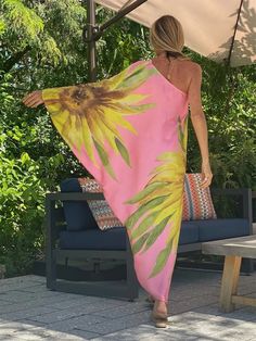 Loose Print Shoulder Beach Holiday Sunscreen Dress Europe and America Commuting Irregular Dress | BestDealBuys Beach Dress Long, Holiday Skirt, Spaghetti Strap Summer Dress, Womens Beach Dresses, Asymmetrical Maxi Dress, Pink Sunflowers, Holiday Skirts, Kaftan Style, Painted Silk