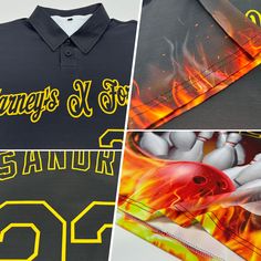 three different pictures of bowling shirts with flames on them