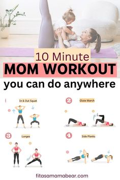 Top image of a mom and baby exercising and the bottom of graphics of exercises with text between the images. Busy Mom Workout Plan, Mom Workout Schedule, Mom Workout Plan, Workout For Moms, Busy Mom Workout, Mom Workout, Fit Moms, Mom Fitness, Post Pregnancy Workout