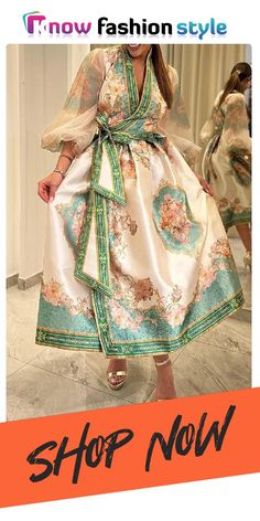 knowfashionstyle Green Floral Print Lantern Sleeve V Neck Lace Up Vacation Boho A Line Maxi Dresses Elegant Non-stretch Printed Dress, Elegant Beige Printed Dress, Summer Maxi Dress With Sashes, Maxi Dresses Online, A Line Maxi Dress, Dresses Chiffon, Green Floral Print, Maxi Dress Online, Black White Dress