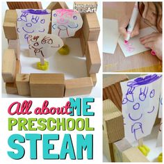 a collage of photos with the words all about me preschool steam written on them