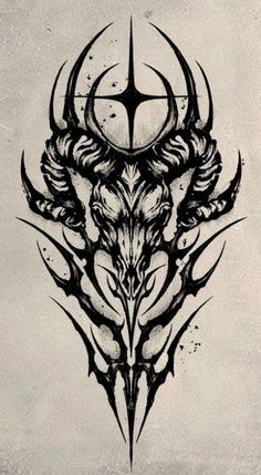 a black and white drawing of a demon's head with horns on the side