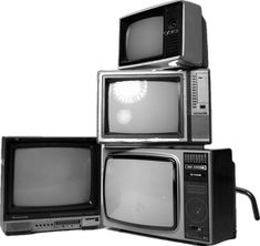 three old tvs stacked on top of each other in black and white colors,