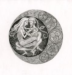 a black and white drawing of two people sitting in a circle with spiral designs on it