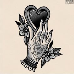 a hand holding a heart with roses and leaves on the wrist is shown in black and white