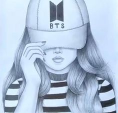 a drawing of a woman wearing a hat with her hand on her face and the words bts above her head