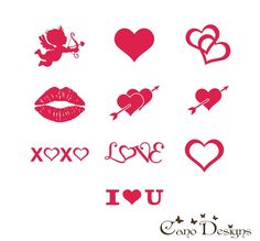 valentine's day stickers with hearts, kisses and cupidles on them