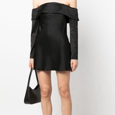 Reformation's 'Maves' Dress Solves The What-To-Wear Dilemma For Date Nights And After Parties. It's Made From Black Satin Using 88% Naia Renew Acetate - A Low-Impact Mix Of Renewable Wood Pulp And Repurposed Waste - That Looks And Feels Like Silk. The Folded Neckline Beautifully Bares Your Shoulders And Flared Sleeves. Complete Your Outfit With Heels And A Clutch. Outfit With Heels, Reformation Dress, Date Nights, Satin Mini Dress, Flared Sleeves, Black Satin, Dresses Xs, Date Night, What To Wear