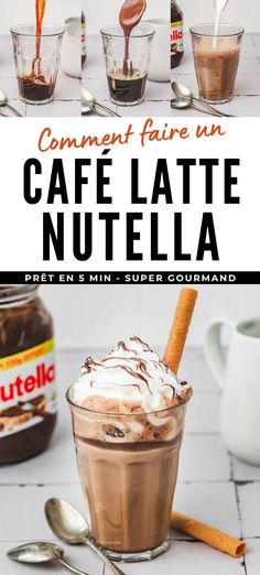 a collage of photos showing different types of coffee and nutella in glass cups