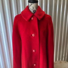 1970s Wool-Blend Winter Coat. Looks Like Wool With A Blended Fiber For Durability. The Liner Is A Synthetic Material. Fabric Is In Good Shape And The Color Bright. Original Buttons And Lining. No Tags Except The Union Tag. Has A Loose Shape, Not Boxy But Not Fitted Either. Very Wearable Size And Design With A Vintage Flair. A Modern Medium To Large On Many. Condition: This Coat Was Worn Regularly But Is In Great Shape. No Tears, Rips, Stains. Lining Intact. Buttons If It Be A Bit Faded But Are O Vintage Fashion 1980s, Red Winter Coat, Crop Pictures, Long Neck, The Union, Winter Looks, Winter Coat, Lady In Red, Doll Clothes