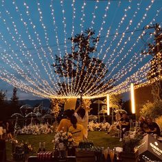 two people are sitting on the grass under string lights