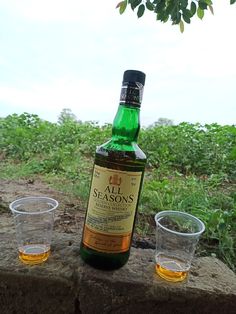 two shot glasses sitting on top of a stone wall next to a bottle of whisky