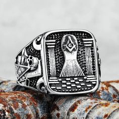 Master Mason Blue Lodge Ring - 316L Stainless Steel Pillars & Skeleton - Bricks Masons Adjustable Gothic Stainless Steel Rings, Adjustable Skull Rings With Symbolic Style, Symbolic Stainless Steel Skull Ring As Gift, Adjustable Symbolic Metal Rings, Symbolic Metal Skull Ring For Collectors, Dolphin Bracelet, Waterproof Beach Bag, Fish Hook Necklace, Dolphin Necklace