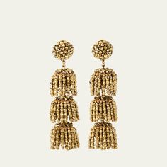 Oscar de la Renta earrings Approx. 1.4"L x 3.5"W Gold-tone brass Glass and plastic beads Clip-on backs with comfort pads Spot clean Imported Elegant Polished Beads Earrings For Party, Elegant Party Earrings With Polished Beads, Gold Beaded Earrings With Dangling Beads For Evening, Beaded Evening Earrings, Gold Elegant Beaded Earrings With Large Beads, Elegant Gold Beaded Earrings With Large Beads, Elegant Brass Beaded Earrings With Round Beads, Elegant Large Beaded Drop Earrings, Gold Drop Earrings With Large Beads