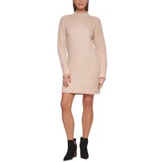 Classic Cable-Knit Frames The Smart Shape Of Vince Camuto's Cozy Sweater Dress That's Ribbed At The Mock Neck, Cuffs And Hemline. Approx. Model Height Is 5'10" And She Is Wearing A Size 6 Approx. 33-1/4" Long From Center Back Neck To Hem. Length Is Based On Size 6 And Varies 1/4" Between Sizes Fitted Through The Chest And Arms; Sits Away From The Body Through The Waist And Hips Jersey-Knit: Soft And Stretchy Ribbed Mock Neck; Shift Silhouette Pullover Styling Drop-Shoulder Long Sleeves With Ribb Spring Textured Knit Sweater Dress, Knee-length Cable Knit Spring Dresses, Beige Textured Knit Dress For Fall, Knit Dresses For Daywear In Winter, Knit Dresses For Winter Daywear, Winter Daywear Sweater Dress, Fitted Beige Textured Knit Sweater Dress, Knit Sweater Dress For Spring Daywear, Cozy Sweater Dress