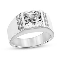 Show your lasting love and commitment in modern style with the clean-lined design of this men’s square-cut white lab-created sapphire wedding band. Fashioned in sterling silver This choice showcases a 9.0mm bezel-set square-cut white lab-created sapphire. Double rows of dainty round lab-created sapphires flank the center, completing this refined look. This wedding band is certain to bring you instant compliments. Sapphire Wedding Band, White Lab, Lasting Love, Sapphire Wedding, Sapphire Stone, Square Cut, Size 10 Rings, Stone Settings, Ring Designs