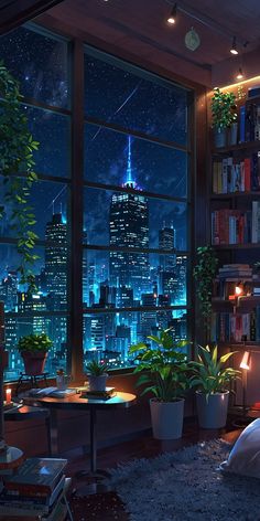 a bedroom with a view of the city at night from it's window sill