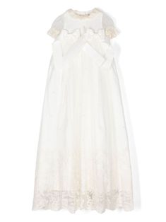 ecru cotton point d'esprit mesh lace detailing ruffle collar short sleeves with elasticated cuffs logo pendant bow detailing flared skirt full lining scallop hem rear button fastening Dress With Jean Jacket, Dolce And Gabbana Kids, Scallop Hem, Flared Dress, Ruffle Collar, Stella Mccartney Kids, Flared Skirt, Skirted Swimwear, Dress White