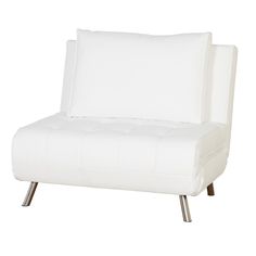 a white chair with two pillows on it's back and one arm facing the camera