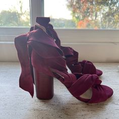 Raye Mia Velvet Sandals In Burgundy In Size 6. Brand New Velvet Tie Sandals, Purchased From Revolve. Gorgeous Burgundy Color And Perfect For The Fall Or Holiday Season. Velvet Textile Upper With Leather Sole. Wrap Tie Closure. Heel Measures Approx 3.5" H. Velvet Tie, Velvet Sandals, Tie Sandals, Burgundy Color, The Fall, Shoes Women Heels, Womens Sandals, Holiday Season, Shoes Heels