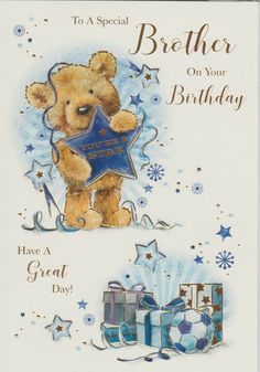 a birthday card with a teddy bear holding a star