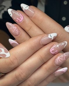 Halloween Nails, October inspired nails Almond Nails Ideas Halloween, Nails Almond Shape Halloween, Nail Inspo Almond Halloween, Holloween Nails Almond, Fall Halloween Nails Almond, Pink White Halloween Nails, Spooky Nail Designs Almond, Cute Halloween Almond Nails, Halloween Nail Ideas Almond