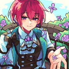 an anime character with pink hair and blue eyes, sitting in front of purple flowers