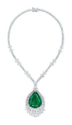 Handmade Necklace Silver weight: 67.000 Grams Gemstone: Moissanite Diamond & Emerald Moissanite weight: 37.90 ct Moissanite Shape: Round, Pear & Marquis Moissanite color : White Natural Moissanite Moissanite & Emerald : Lab created Necklace Length: 18.00 Inches Necklace Width: 4.50 Inches Emerald Weight: 22.00 ct Stone putting: Prongs Metal: Silver Silver Purity: 925 Necklace Finished: White Grand Duchess Vladimir, Russian Queen, Diamond Pendent, Catherine The Great, Diamond Brooch, Pendent Necklace, Marquise Cut Diamond, Emerald Necklace, Halle Berry