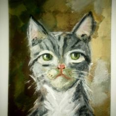 a painting of a cat with green eyes and white whiskers on it's face