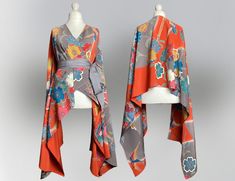 Made from vintage Japanese silk this cape has with a striking pattern, has a wonderful bold design and heavy fluid drape. It has arm splits which it gives the illusion of the fabric falling over your arms when you move which has a very elegant, pre-raphaelite or even medieval feel. It also looks amazing belted around the front with the back left loose. All of the garments I make are intended to be an elegant alternative to traditional outerwear. - See details about fabrics and measurements below. - Perfect for layering up with another top - Use the belt to style it as you want - Arm spilts - Matching long tie belt to gather the dress - Pure silk - Weight: Medium This is a hand-made garment made by me in my studio and is one of a kind. I make couture quality, zero waste clothing. ---------- Festival Cape, Kabuki Costume, Kimono Wrap Top, Waste Clothing, Cape Wrap, Long Cape, Kimono Design, Kimono Robes, Orange Outfit